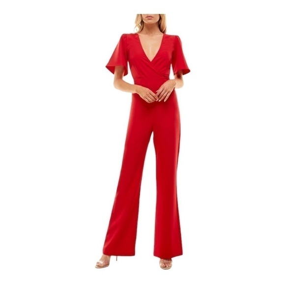 socialite Deep Surplice Neck Flutter Sleeve Jumpsuit - Picture 1 of 14